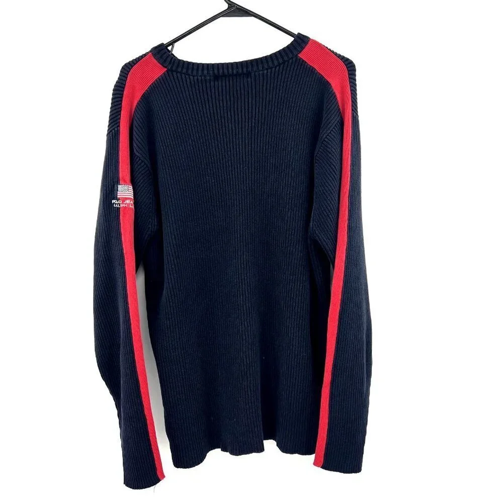 Vintage Polo Ralph Lauren Navy Ribbed Red Arm Stripe Sweater Mens Large